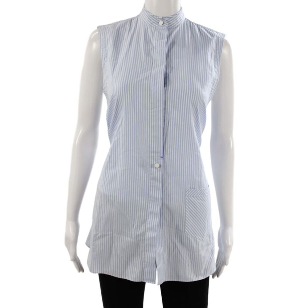 Helmut Lang Womens Sleeveless Striped High Neck Tunic Blouse Blue Size XS